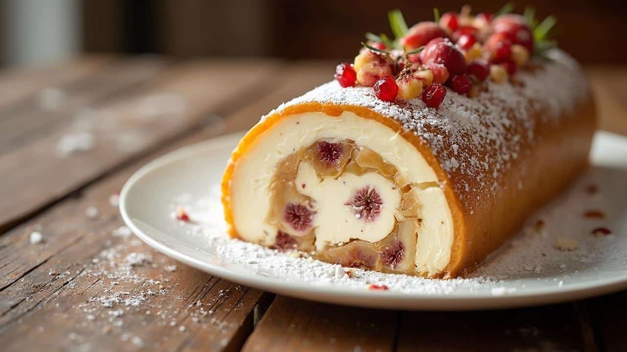 Gâteau roulé festif recouvert de crème et de fruits rouges