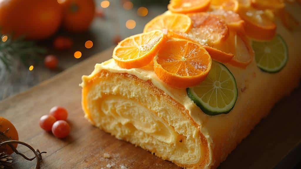 Gâteau moelleux garni de tranches d'oranges et de citrons verts