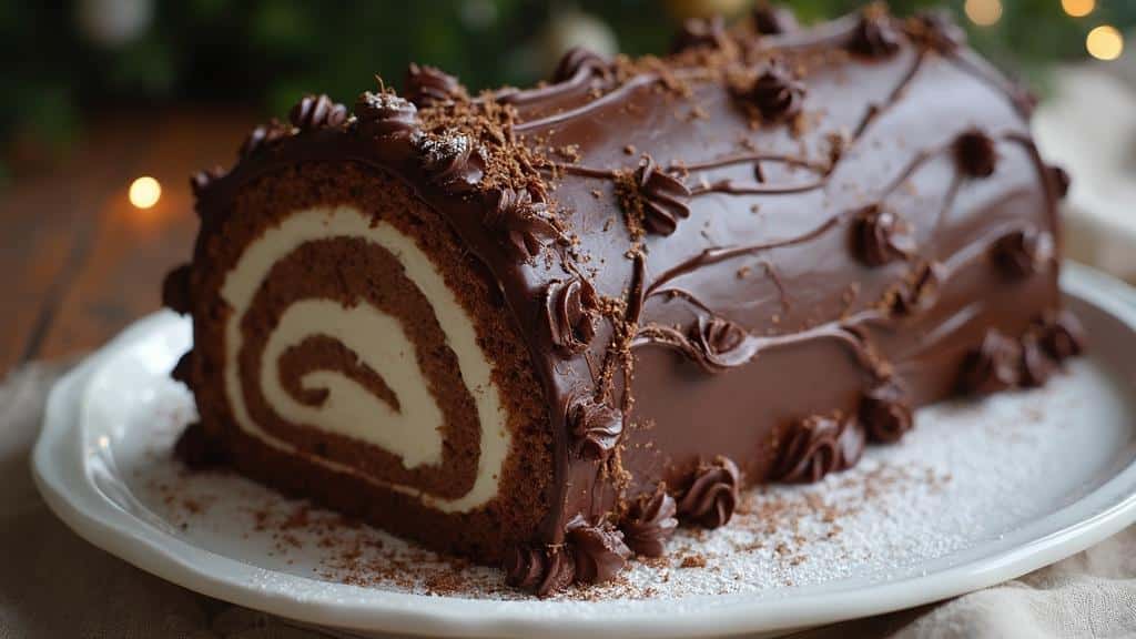 Gâteau roulé au chocolat avec glaçage crémeux et décorations en chocolat