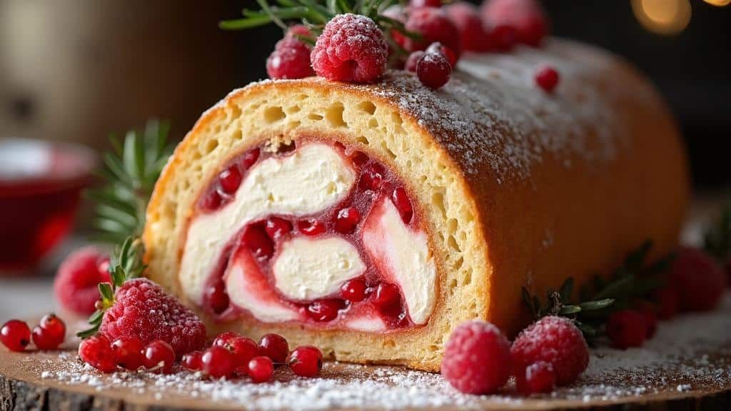 Gâteau roulé garni de fruits rouges et de sucre glace