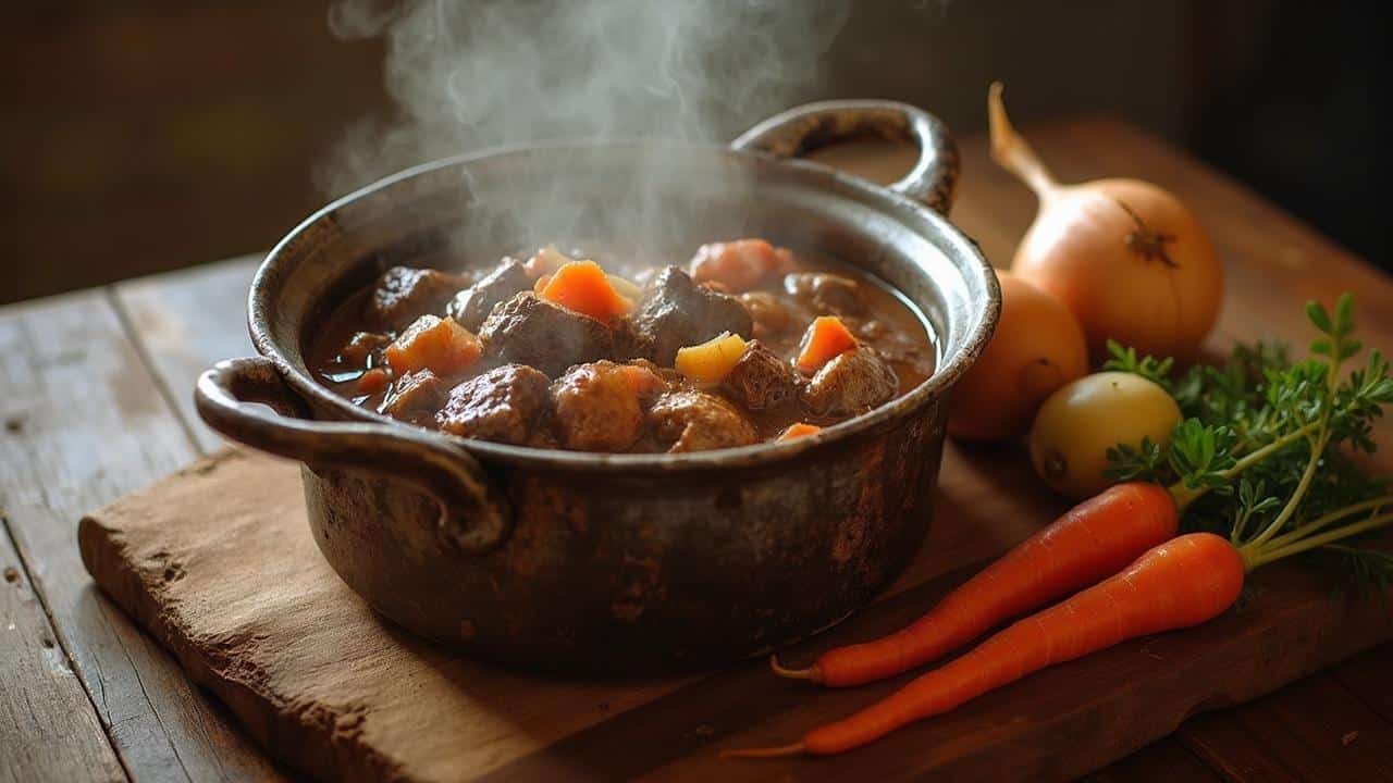 Bol de ragoût de bœuf fumant avec légumes sur une table en bois